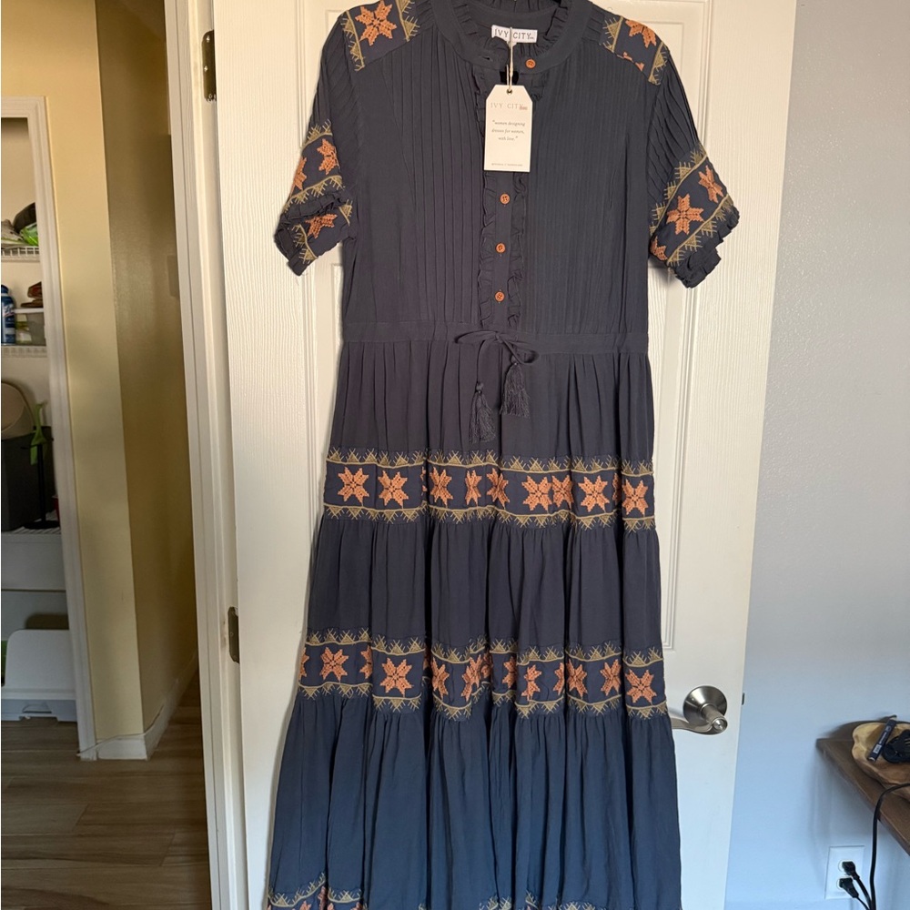 Ivy City Co Navy Midi Dress with Boho Embroidery